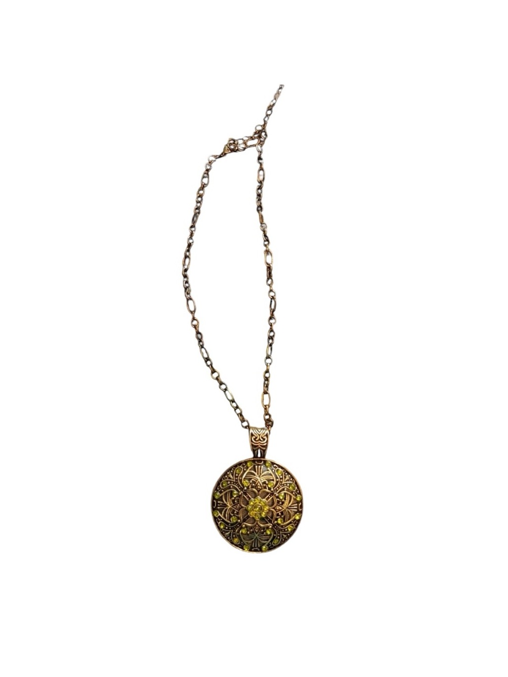 Lucky Brand Peridot Green Crystal Filigree Medallion Necklace Antique Gold Tone